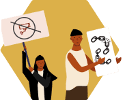 Illustration showing two protesters with signs against surveillance and false arrest, part of building civic power