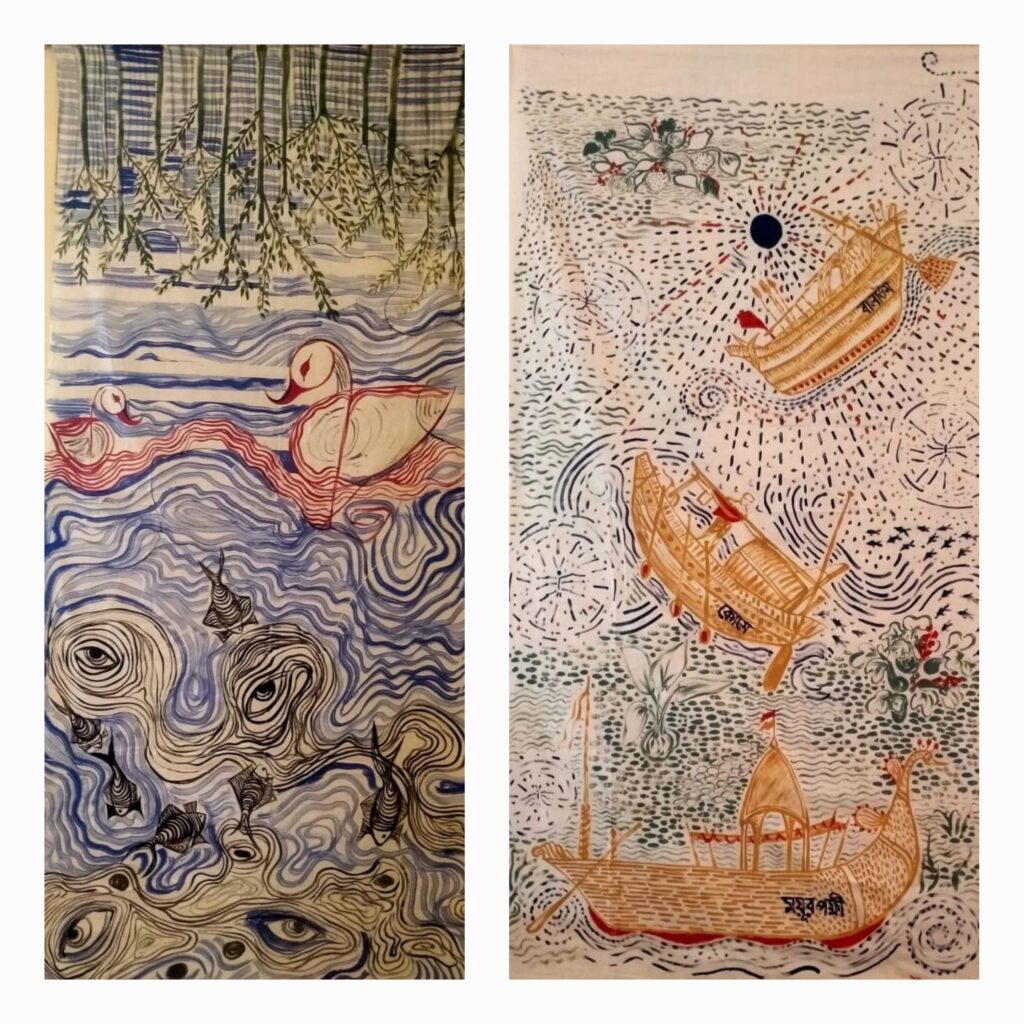 Two panels, side by side, show hand painted representations of what water means to communities. The left comprises green and blue swirls with a light yellow duck. The right shows two fishing boats painted with short yellow strokes over dots of blue water.
