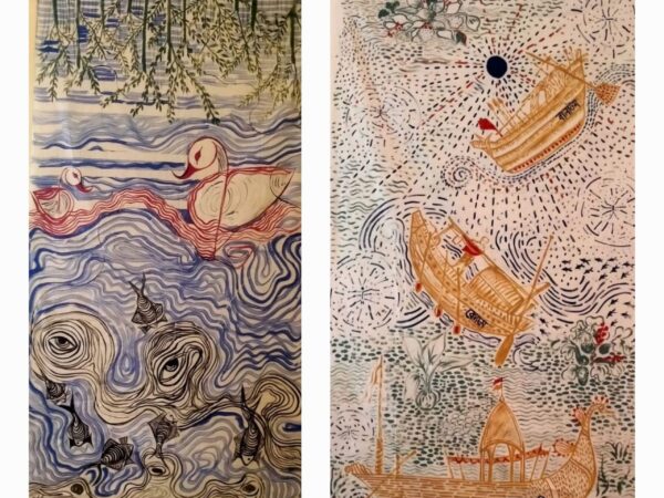 Two Panels, Side By Side, Show Hand Painted Representations Of What Water Means To Communities. The Left Comprises Green And Blue Swirls With A Light Yellow Duck. The Right Shows Two Fishing Boats Painted With Short Yellow Strokes Over Dots Of Blue Water.